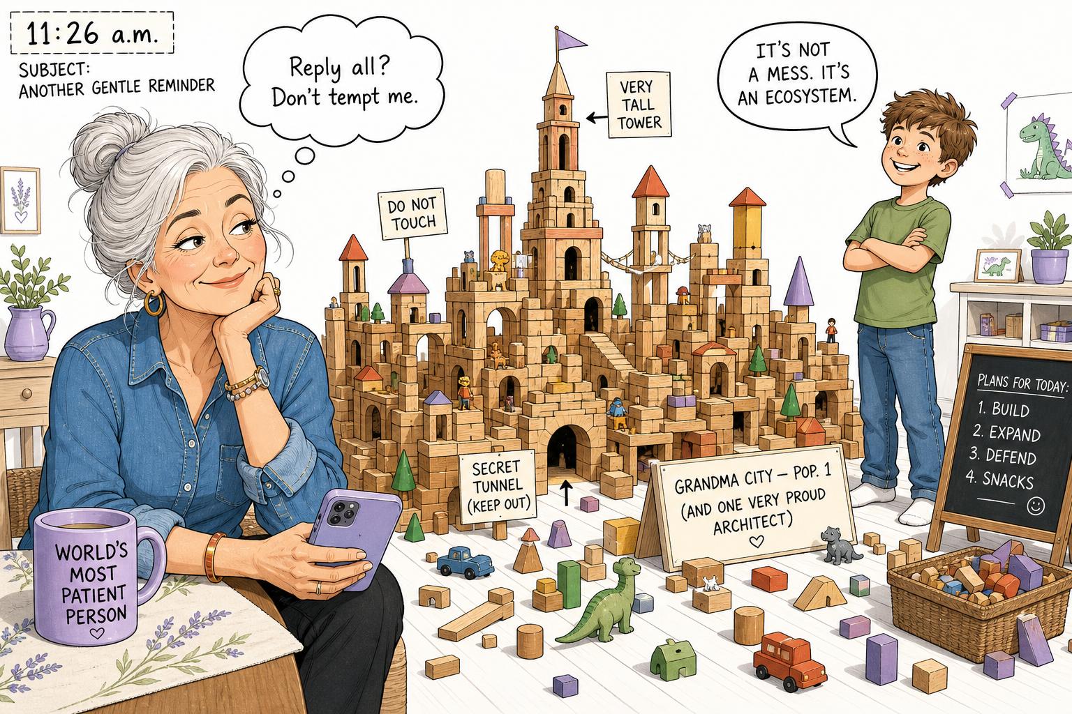 Graphic-novel panel of an 11:26 a.m. living room: a grandmother rests her chin in her hand reading a school email on her phone while her grandson's enormous wooden block city sprawls across the entire floor behind her, towers and bridges labeled like a tiny civilization.