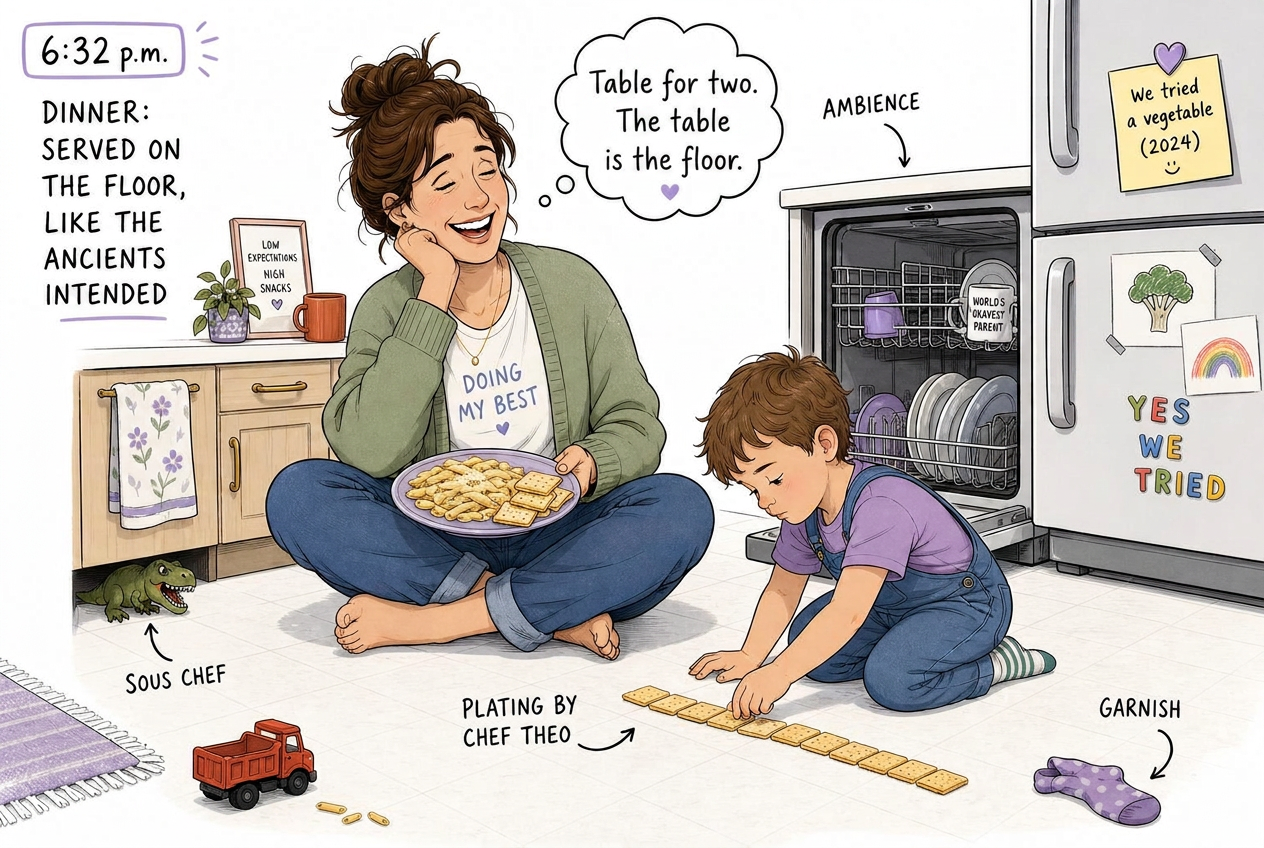 Graphic-novel panel of a 6:32 p.m. kitchen floor: a parent in a sage sweater sits cross-legged with a plate of plain pasta, crackers and one yogurt, watching their child line crackers up in a perfect row beside an open dishwasher, a stray purple sock and a toy dinosaur under the cabinet.