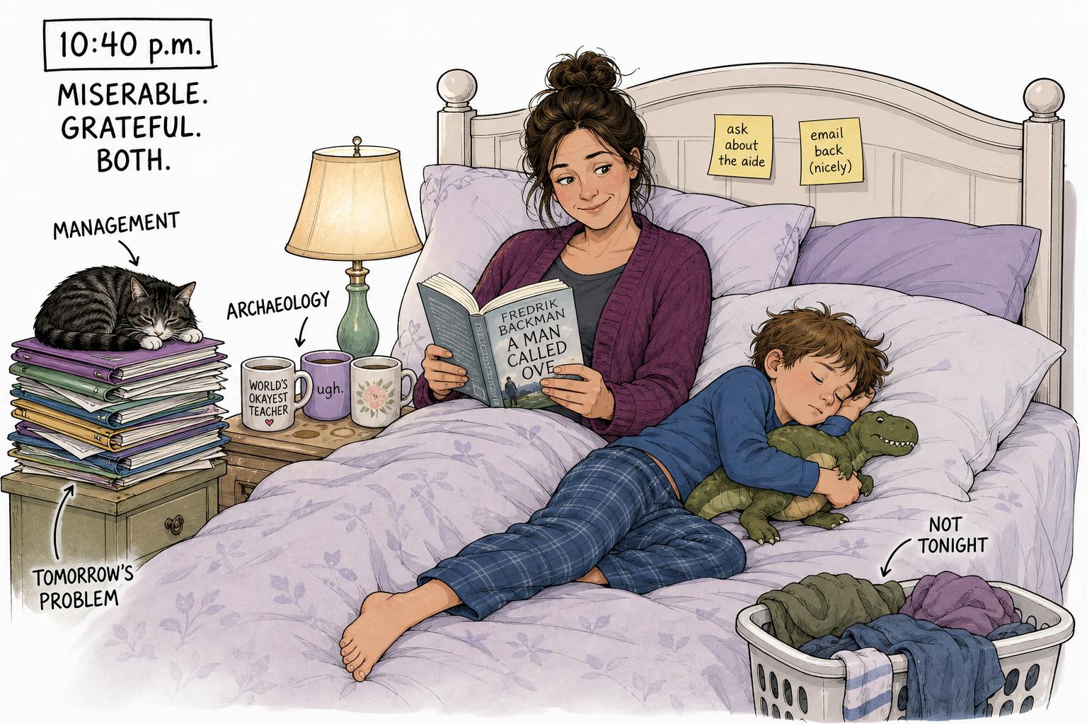 Graphic-novel panel of 10:40 p.m.: a caregiver in a plum cardigan sits up in bed reading by lamplight, a cold mug on the nightstand, folders and a highlighter beside them, and a small child's foot poking out from under the blanket.