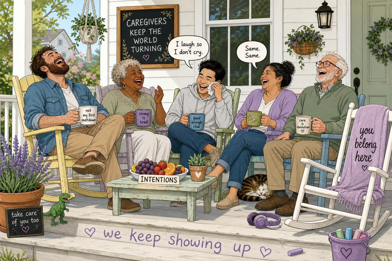 Graphic-novel panel of a front porch at golden hour: five caregivers of mixed genders, ages and backgrounds sprawl in mismatched chairs, doubled over laughing with chipped mugs and a plate of fruit, chalk spirals on the steps, a toy dinosaur and purple headphones on the boards, and one empty rocking chair waiting.