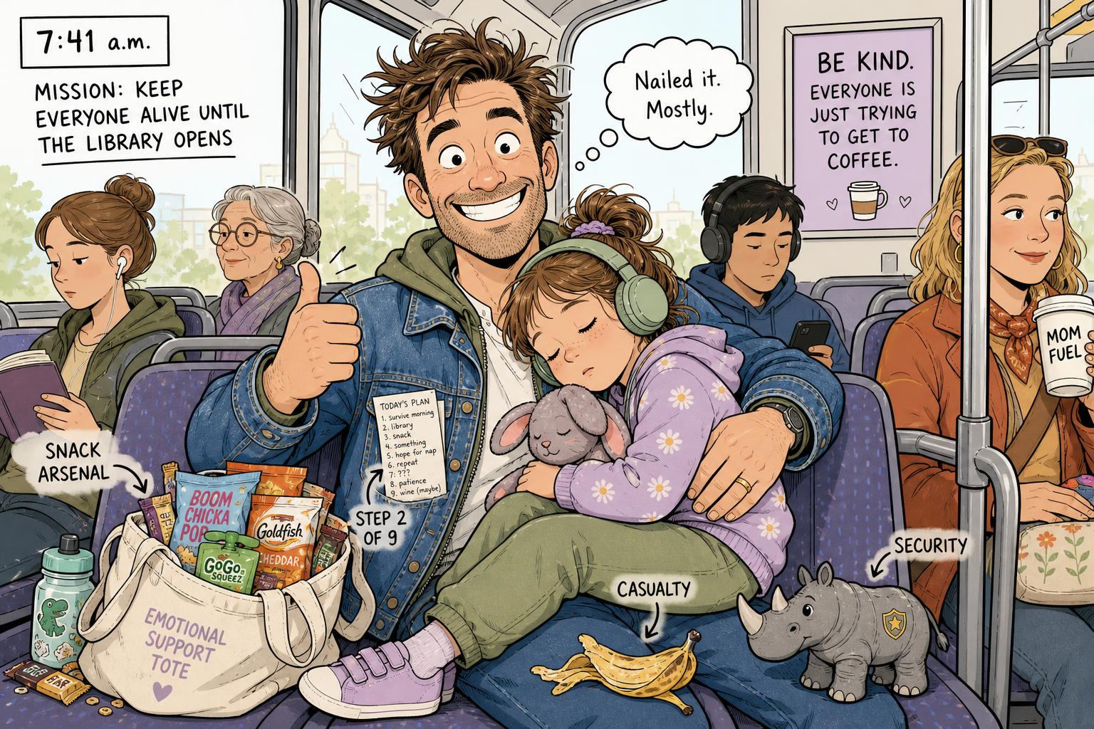 Graphic-novel panel of a 7:41 a.m. bus: a rumpled father sits with his daughter asleep against his chest in oversized sage headphones, one arm wrapped around her, a tote of snacks, a squashed banana and a toy rhino at his feet.